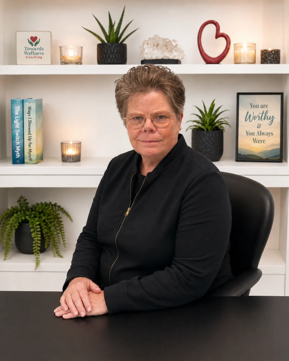 Kerisma Vere at her desk, with her books and a Towards Wellness sign on the shelves behind her