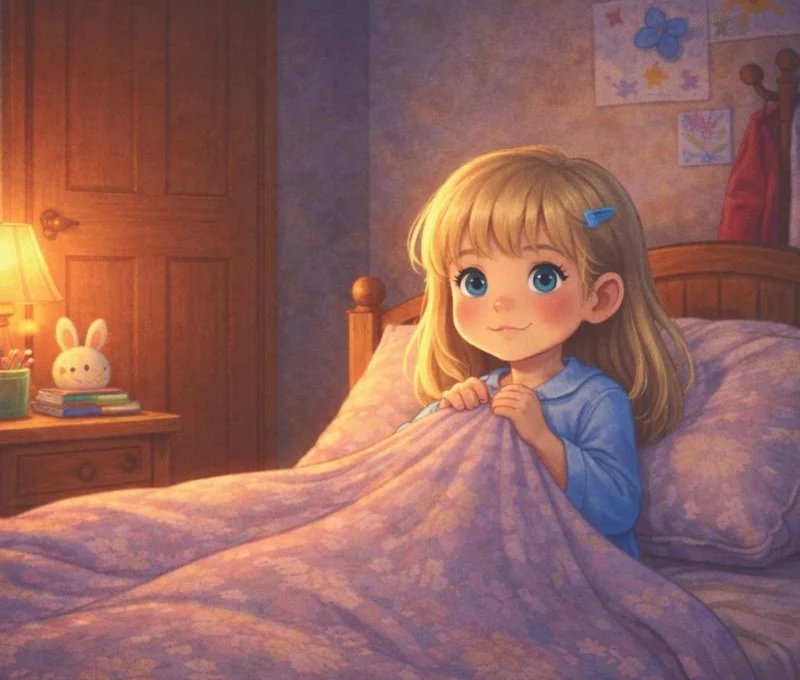 Interior illustration — Krizzy sitting up in bed at night, holding her blanket close