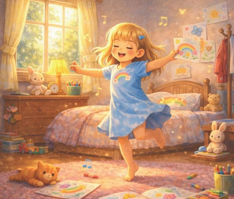 Interior illustration — Krizzy dancing happily in her sunlit bedroom with her drawings