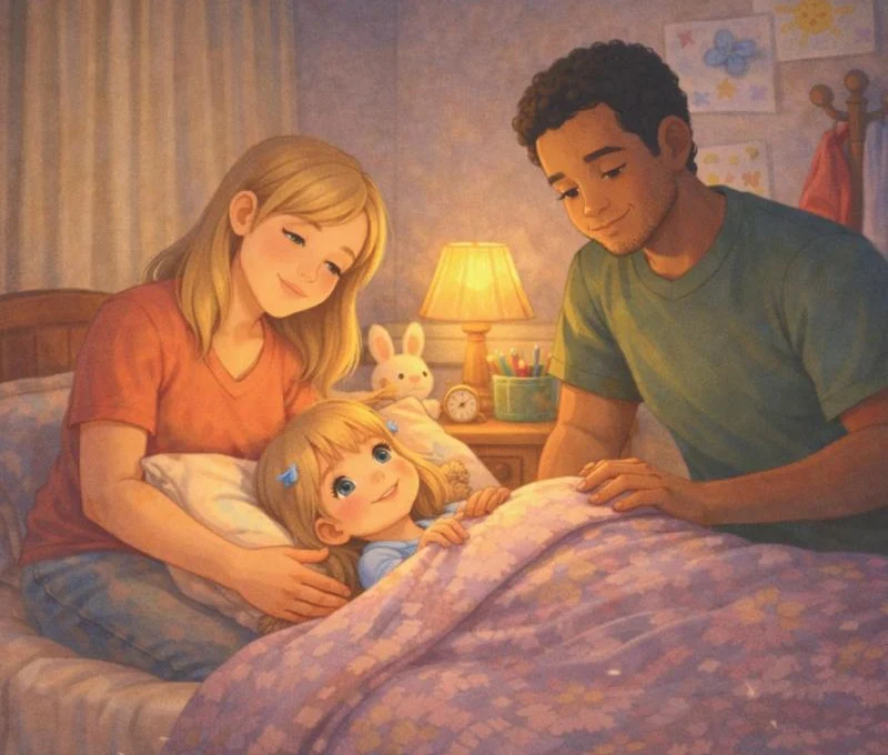 Interior illustration — Krizzy's parents tucking her into bed by warm lamplight