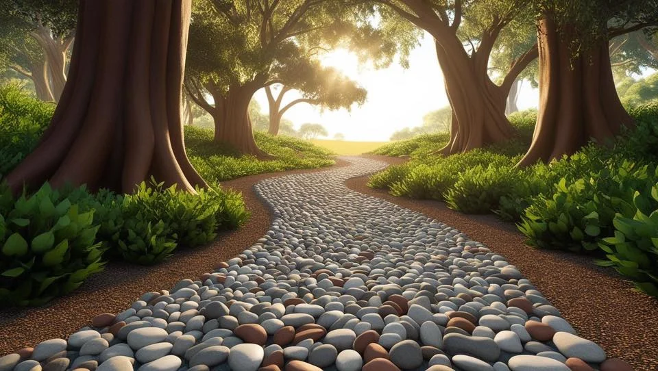 A winding pebble path curving between old trees toward warm light — the Towards Wellness support group motif